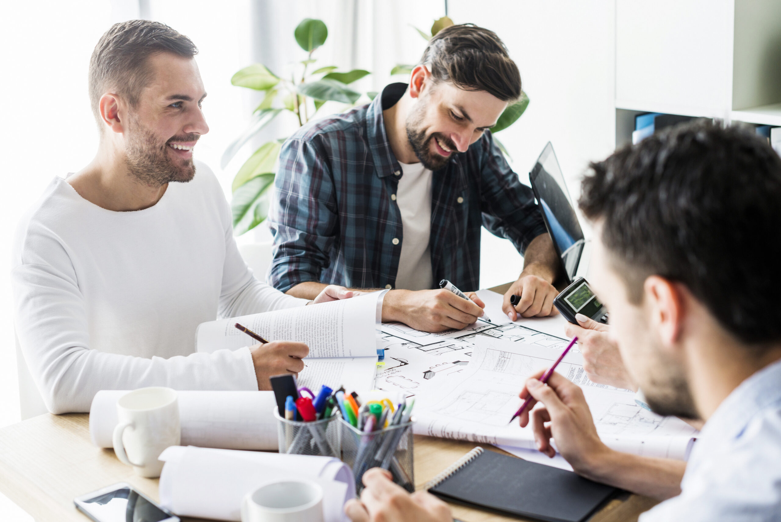 group happy businessmen working office