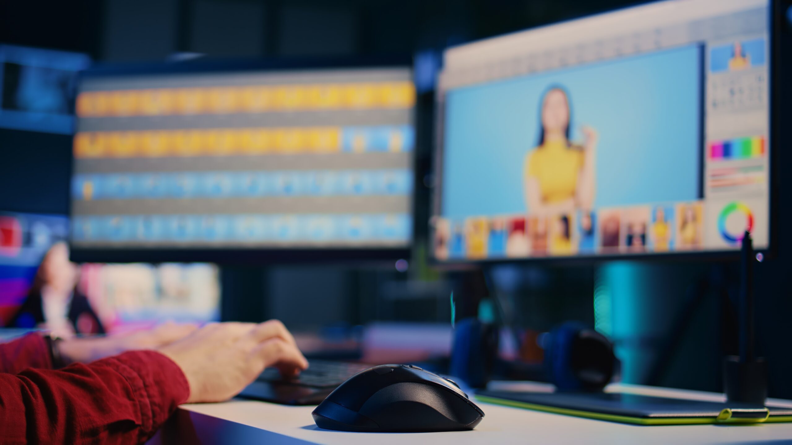 expert editing photos in advertising agency office, close up shot